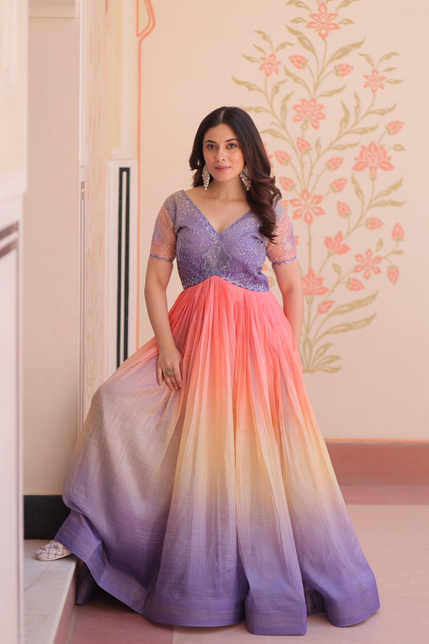 Women's Dual-Tone Ombre Gown in Candy Pink & Aqua Green with Embroidered Bodice β Festive & Contemporary Wear - Image 10