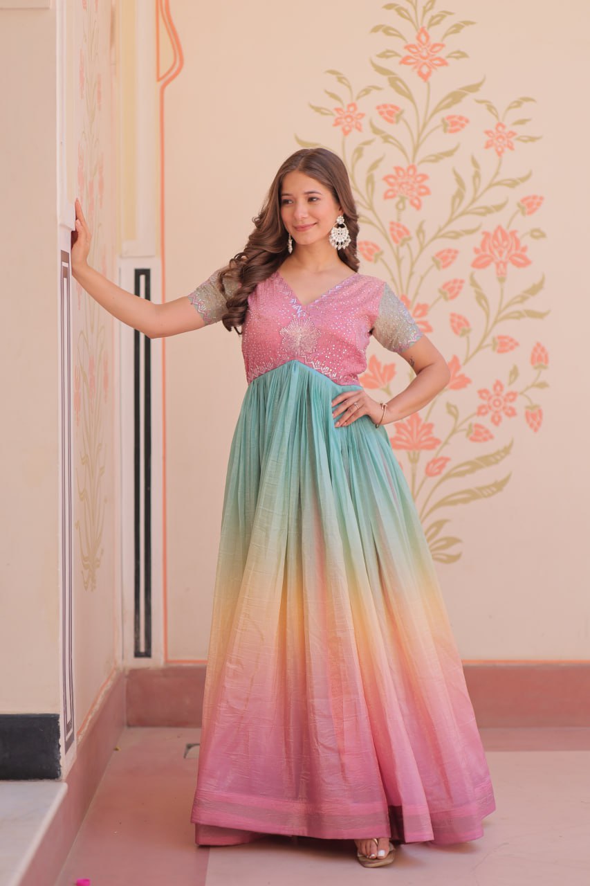 Women's Dual-Tone Ombre Gown in Candy Pink & Aqua Green with Embroidered Bodice β Festive & Contemporary Wear - Image 7