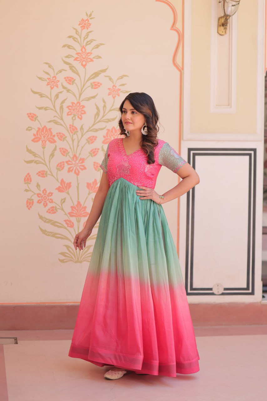 Women's Dual-Tone Ombre Gown in Candy Pink & Aqua Green with Embroidered Bodice β Festive & Contemporary Wear - Image 3